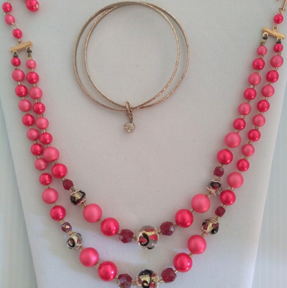 Vintage Japan Dble Strand bright pink Pi - Picture 2 of 8